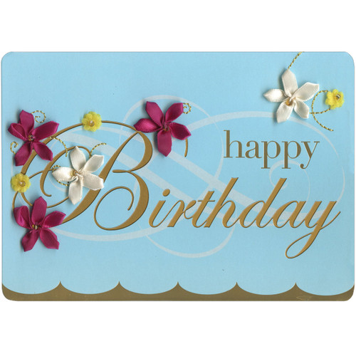 Purple, White, and Yellow 3D Flowers Over Foil Letters and White Swirls on Blue Hand Decorated Birthday Card: happy Birthday