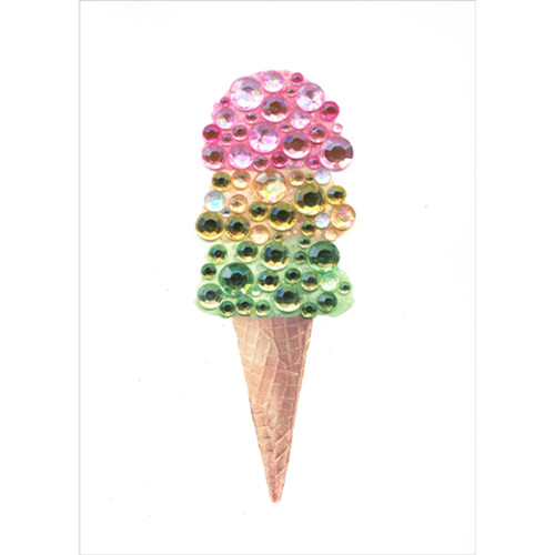 Triple Scoop Ice Cream Cone with 3D Pink, Yellow and Green Gems Hand Decorated Birthday Card