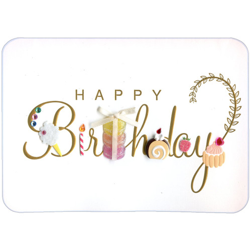 3D Sweets, Gems and Ribbon Over Gold Foil Lettering on Rounded Corners Hand Decorated Birthday Card: HAPPY Birthday