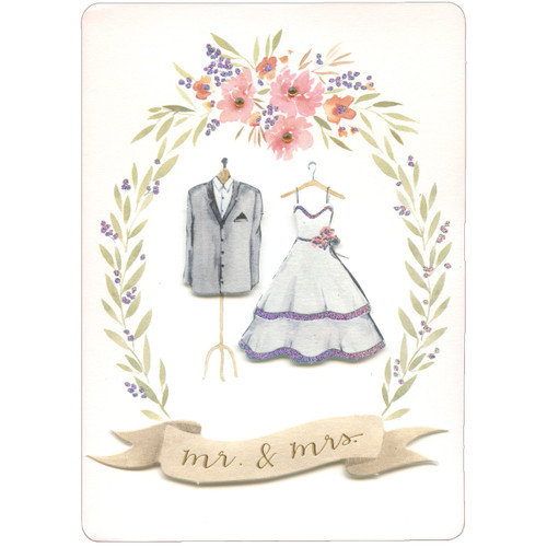 Mr. and Mrs. 3D Banner, Die Cut Suit and Wedding Dress with Foil Trim on Hangers Hand Decorated Wedding Congratulations Card: Mr. and Mrs.