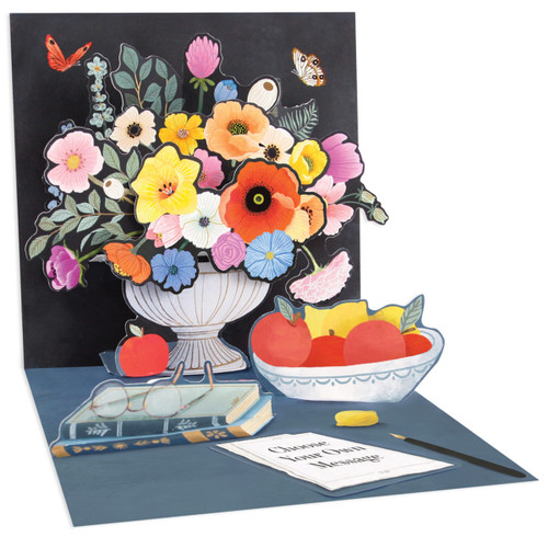 Baroque Dark Floral: Vase with Colorful Flowers, Books and Bowl of Fruit 5-Inch 3D Pop-Up All Occasion Greeting Card