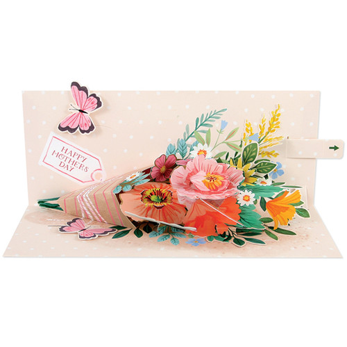 Floral Bouquet: Pink, Yellow, Orange, Green and Blue Flowers and Pink Butterflies 5-Inch 3D Pop-Up Mother's Day Card for Mom: Mom