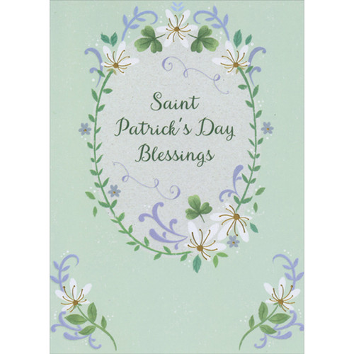 Blessings: Oval Vine Border with White and Blue Flowers St. Patrick's Day Card: Saint Patrick's Day Blessings