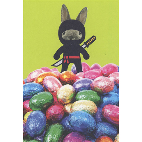 Ninja Bunny Guarding Foil Wrapped Eggs Funny / Humorous Easter Card