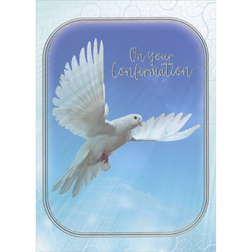 Dove in Flight on Blue Sky Inside Three Silver Foil Lines Frame Confirmation Congratulations Card: On Your Confirmation