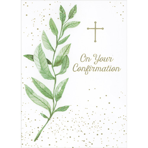 Thin Gold Foil Cross, Gold Dots and Tall Branch and Green Leaves Confirmation Congratulations Card: On Your Confirmation