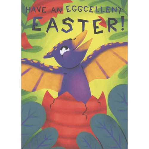 Eggcellent Easter: Purple Dinosaur Hatching from Red Egg Easter Card for Young Grandson: Have an eggcellent Easter!