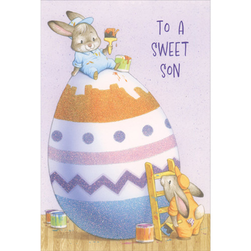 Two Painter Bunnies Decorating Egg with Paint Brushes Easter Card for Son: To a Sweet Son