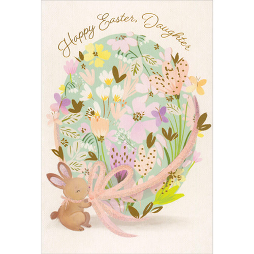 Bunny Wrapping Large Floral Egg with Ribbon Easter Card for Daughter: Happy Easter, Daughter