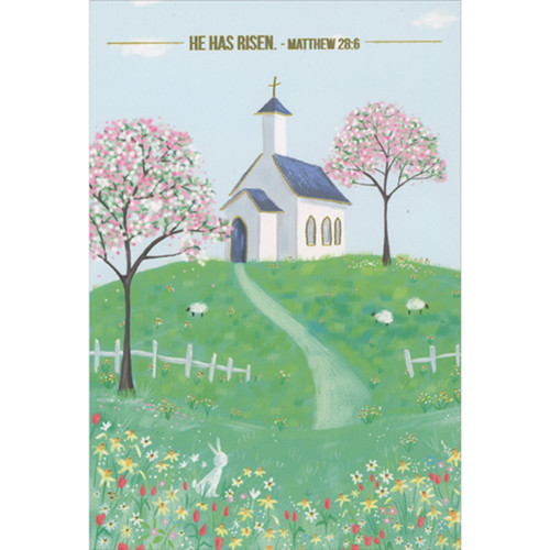 He Has Risen: Church on Hilltop with Two Cherry Blossom Trees Religious Easter Card: He Has Risen. -Matthew 28:6