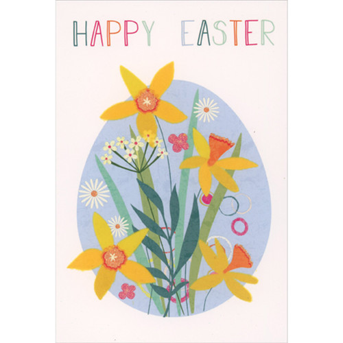 Bright Daffodils and Daisies Poking Through Light Blue Egg Shape Easter Card: Happy Easter