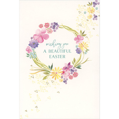 Simple Watercolor Floral Wreath with Floating Gold Foil Triangles Easter Card: wishing you A BEAUTIFUL EASTER