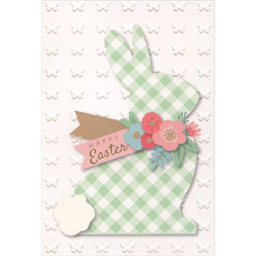 Green Gingham Plaid Patterned Bunny with Repeating Embossed Butterflies Easter Card: Happy Easter