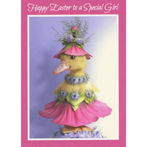 Yellow Chick Dressed in Pink, Purple and Green Flower Outfit Easter Card for Young Girl: Happy Easter to a Special Girl