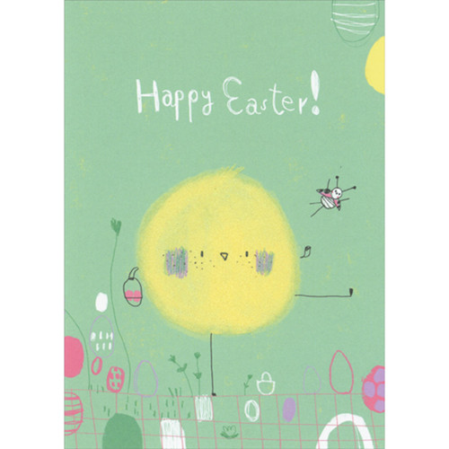 Sparkling Yellow Chick with Thin Legs and Ladybug on Green Easter Card: Happy Easter!