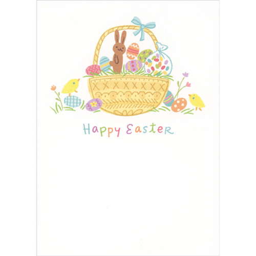 Light Brown Basket with Blue Ribbon, Chocolate Bunny, Eggs, Jelly Beans and Chicks Easter Card: Happy Easter