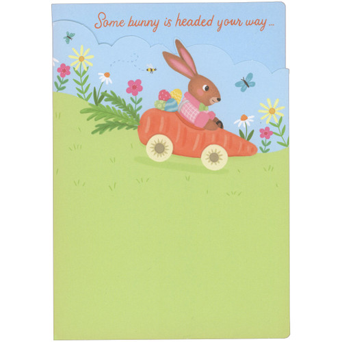 Some Bunny is Headed Your Way: Brown Rabbit in Carrot Shaped Car Easter Card: Some bunny is headed your way…