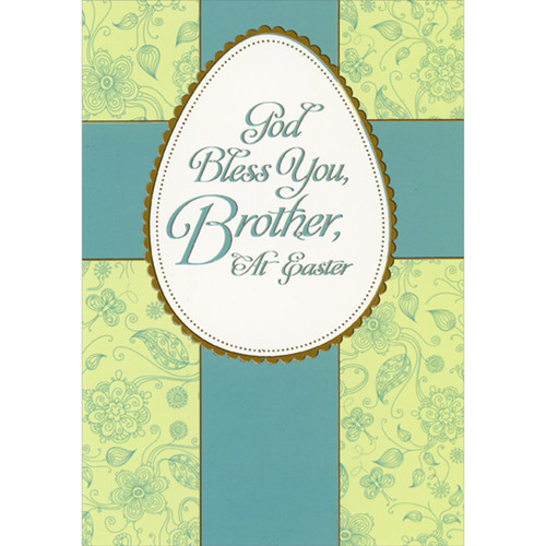 God Bless You: Egg with Scalloped Edge Bronze Foil Border Over Blue Cross Religious Easter Card for Brother: God Bless You, Brother, at Easter