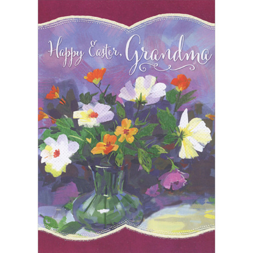 Orange, White, Purple and Yellow Watercolor Flowers with Glitter Accents in Vase Easter Card for Grandma: Happy Easter, Grandma