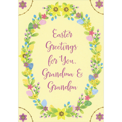 Easter Greetings: Oval Wreath of Flowers and Purple Flowers in Corners Easter Card for Grandma and Grandpa: Easter Greetings for You, Grandma and Grandpa