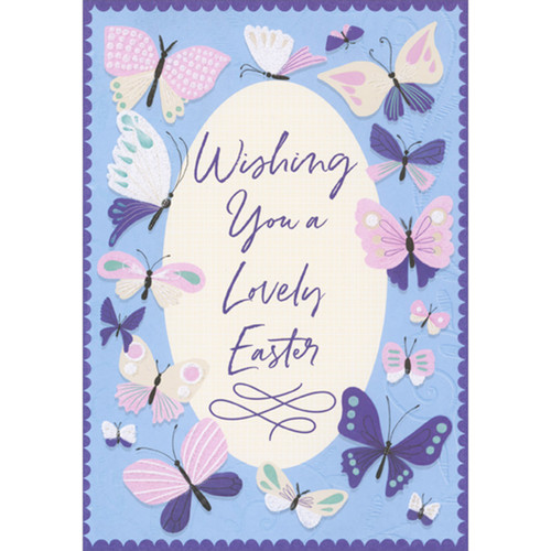 Wishing You a Lovely Easter: Sparkling Pink and Purple Butterflies on Blue Easter Card: Wishing You a Lovely Easter