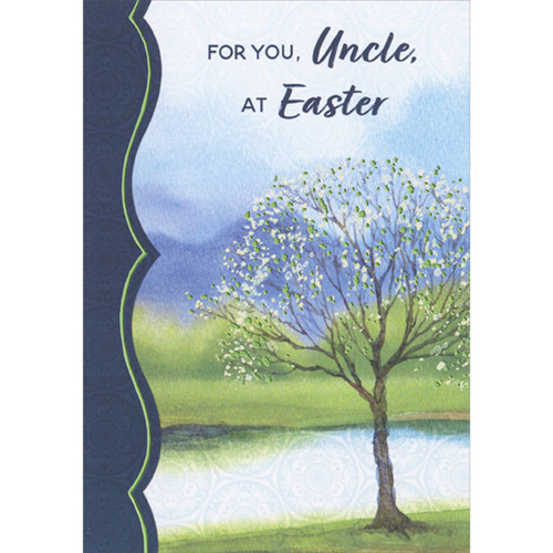 Watercolor Tree with Green Foil Blossoms Near Lake Shore Easter Card for Uncle: For You, Uncle, at Easter