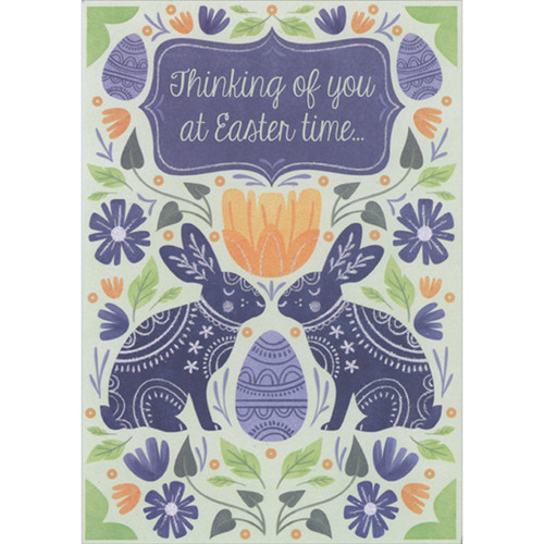 Symmetrical Blue Rabbits with Sparkling Accents, Egg and Flowers Thinking of You Easter Card: Thinking of You at Easter time…