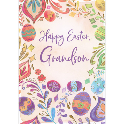 Outer Border of Brightly Colored Eggs, Stems and Leaves Easter Card for Grandson: Happy Easter, Grandson