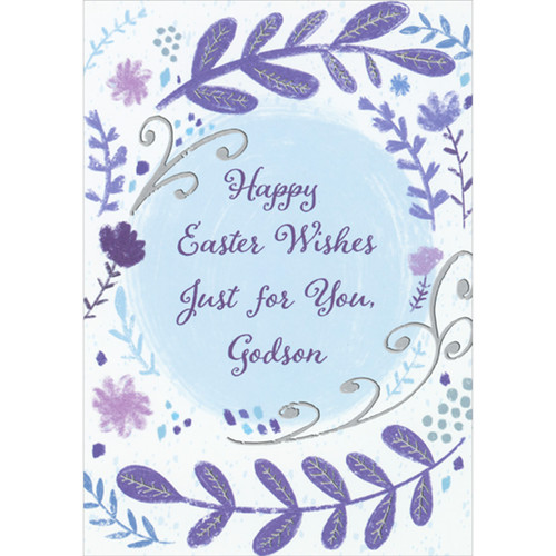 Large Purple Leaves and Stems Circling Around Light Blue Circle Easter Card for Godson: Happy Easter Wishes Just for You, Godson