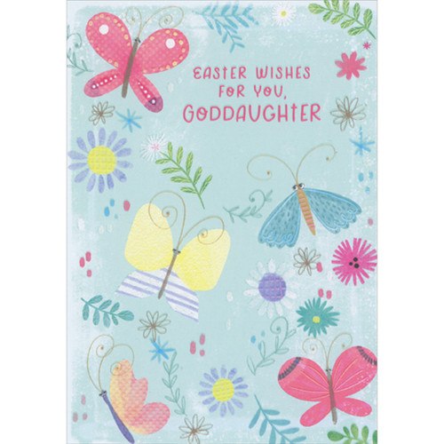 Pink, Blue and Yellow Butterflies and Sparkling Flowers Juvenile Easter Card for Young Goddaughter: Easter Wishes for You, Goddaughter