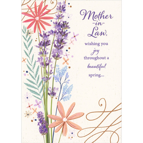 Wishing You Joy: Tall Red, Purple and Blue Flowers Easter Card for Mother-in-Law: Mother-in-Law, wishing you joy throughout a beautiful spring…
