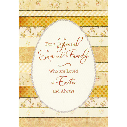 Egg Shaped Frame Over Horizontal Stripes with Earthtone Floral Patterns Easter Card for Son and Family: For a Special Son and Family Who are Loved at Easter and Always
