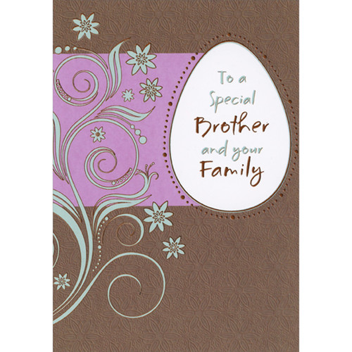 White Egg with Dotted Border and Purple Banner on Brown Background Easter Card for Brother and Family: To a special Brother and your Family
