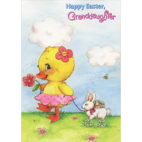 Duckling in Pink Tutu Holding Flower and Pulling Bunny Toy Juvenile Easter Card for Granddaughter: Happy Easter, Granddaughter