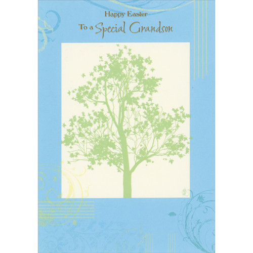 Green Tree Silhouette Inside Rectangular Frame on Light Blue Easter Card for Grandson: Happy Easter to a Special Grandson