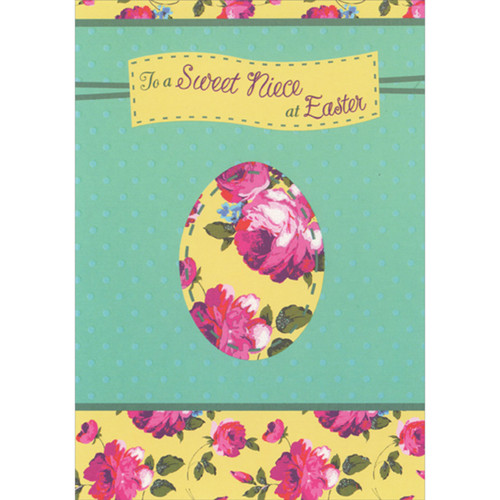 Floral Decorated Yellow Egg on Polka Dotted Green Background Easter Card for Niece: To a sweet Niece at Easter
