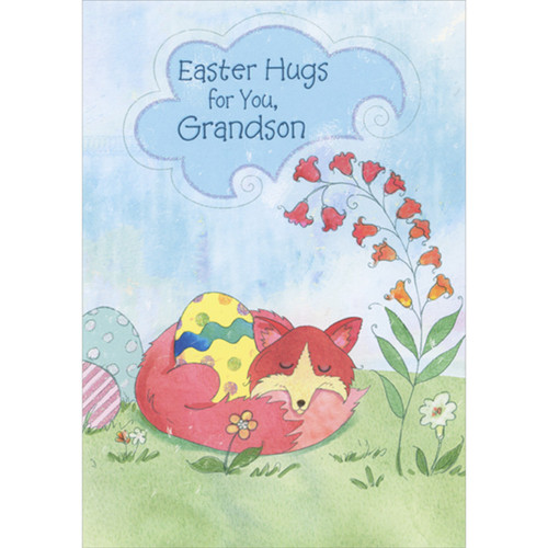 Easter Hugs: Sleeping Fox Wrapped Around Yellow Egg Juvenile Easter Card for Grandson: Easter Hugs for you, Grandson