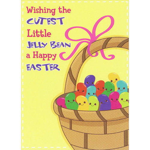 Cutest Little Jelly Bean: Light Brown Basket of Smiley Faced Jelly Beans Juvenile Easter Card for Kids: Wishing the cutest little jelly bean a Happy Easter