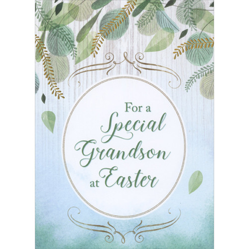 Hanging Leaves and Gold Foil Vines Above White Egg Shaped Banner Easter Card for Grandson: For a Special Grandson at Easter