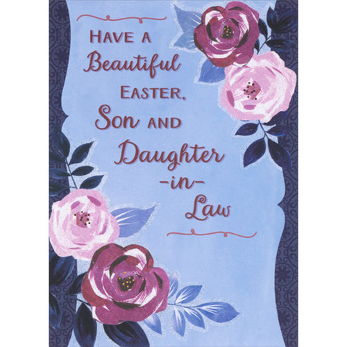 Have a Beautiful Easter: Pink and Purple Floral Borders on Blue Easter Card for Son and Daughter-in-Law: Have a Beautiful Easter, Son and Daughter-in-Law