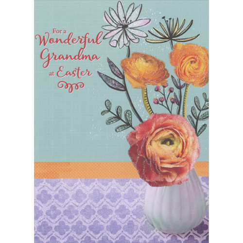 Sparkling Red and Orange Flowers in White Vase on Blue, Orange and Purple Easter Card for Grandma: For a Wonderful Grandma at Easter