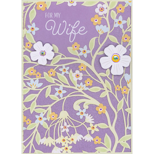 White 3D Flowers with Gems, Die Cut Stems and Flowers on Sparkling Purple Easter Card for Wife: For My Wife