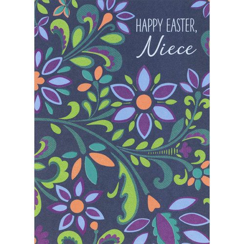 Bold Purple and Orange Flowers, Leaves and Stems on Navy Background Easter Card for Niece: Happy Easter, Niece