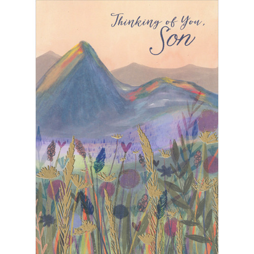 Wildflowers and Mountains with Orange and Yellow Highlights Easter Card for Son: Thinking of You, Son