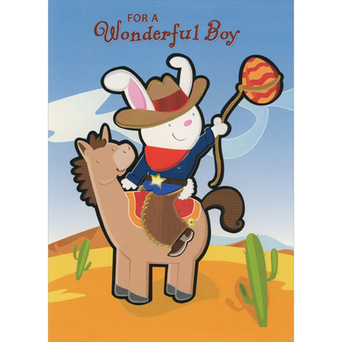 Cute Bunny Cowboy on Horse Lassoing Orange Egg Juvenile Easter Card for Boy: For a Wonderful Boy