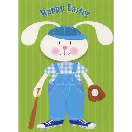 Baseball Bunny Wearing Blue Overalls and Cap Juvenile Easter Card for Boy: Happy Easter