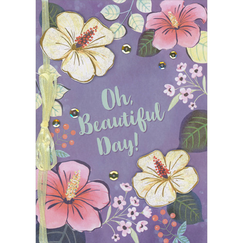 Oh Beautiful Day: 3D Die Cut Flowers, Sequins and Ribbon on Purple Floral Background Hand Decorated Easter Card: Oh, Beautiful Day!
