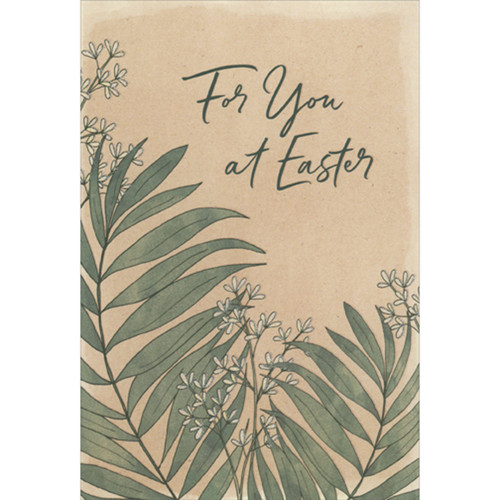 Dark Green Stems with Long Leaves and Small White Sparkling Flowers on Light Brown Package of 8 Deluxe Religious Easter Cards: For You at Easter