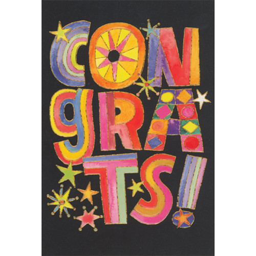 Bright, Multi-Colored, Bold Congrats Letters and Stars on Black Graduation Congratulations Card: CONGRATS!