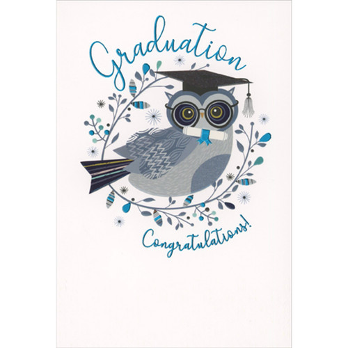 Gray Owl with Glasses, Cap and Diploma on Thin Curling Branch Graduation Congratulations Card: Graduation Congratulations!